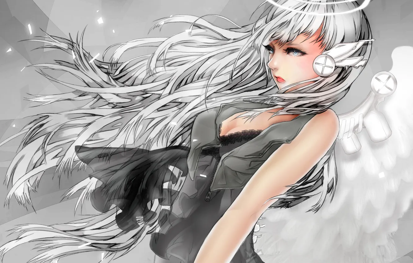 Photo wallpaper girl, wings, headphones, art, gunjouai