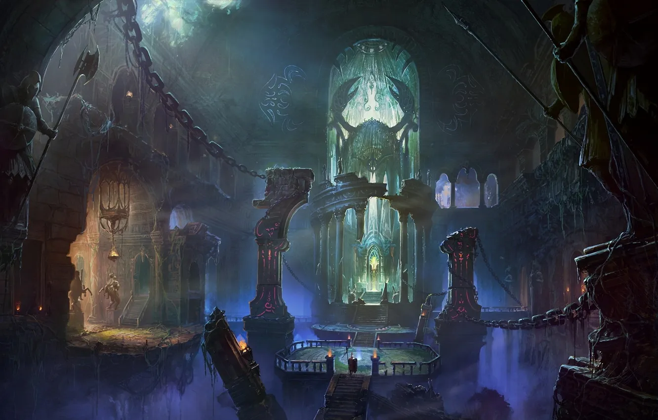 Photo wallpaper roots, web, art, chain, arch, columns, symbol, temple