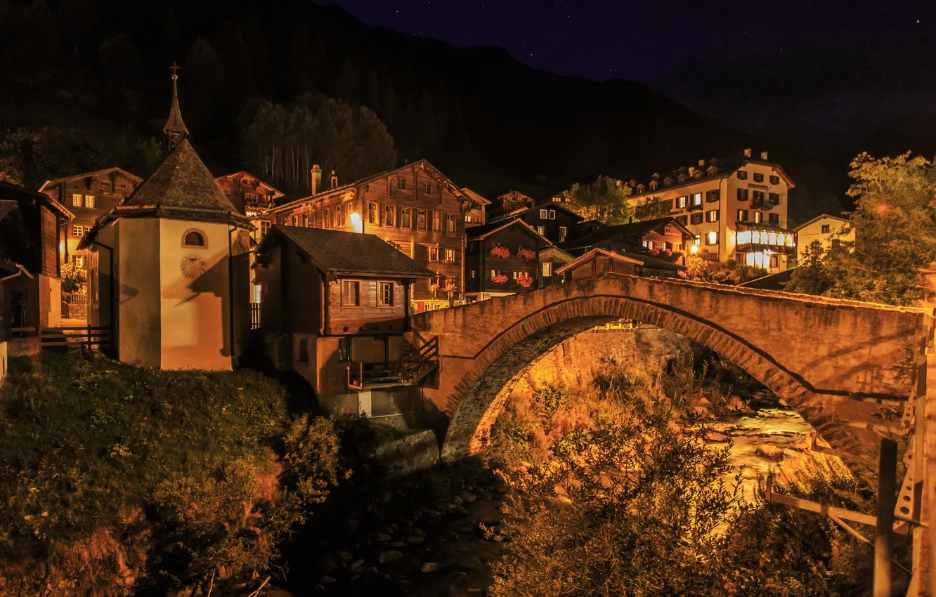 Photo wallpaper night, bridge, lights, home, Switzerland, Bienne