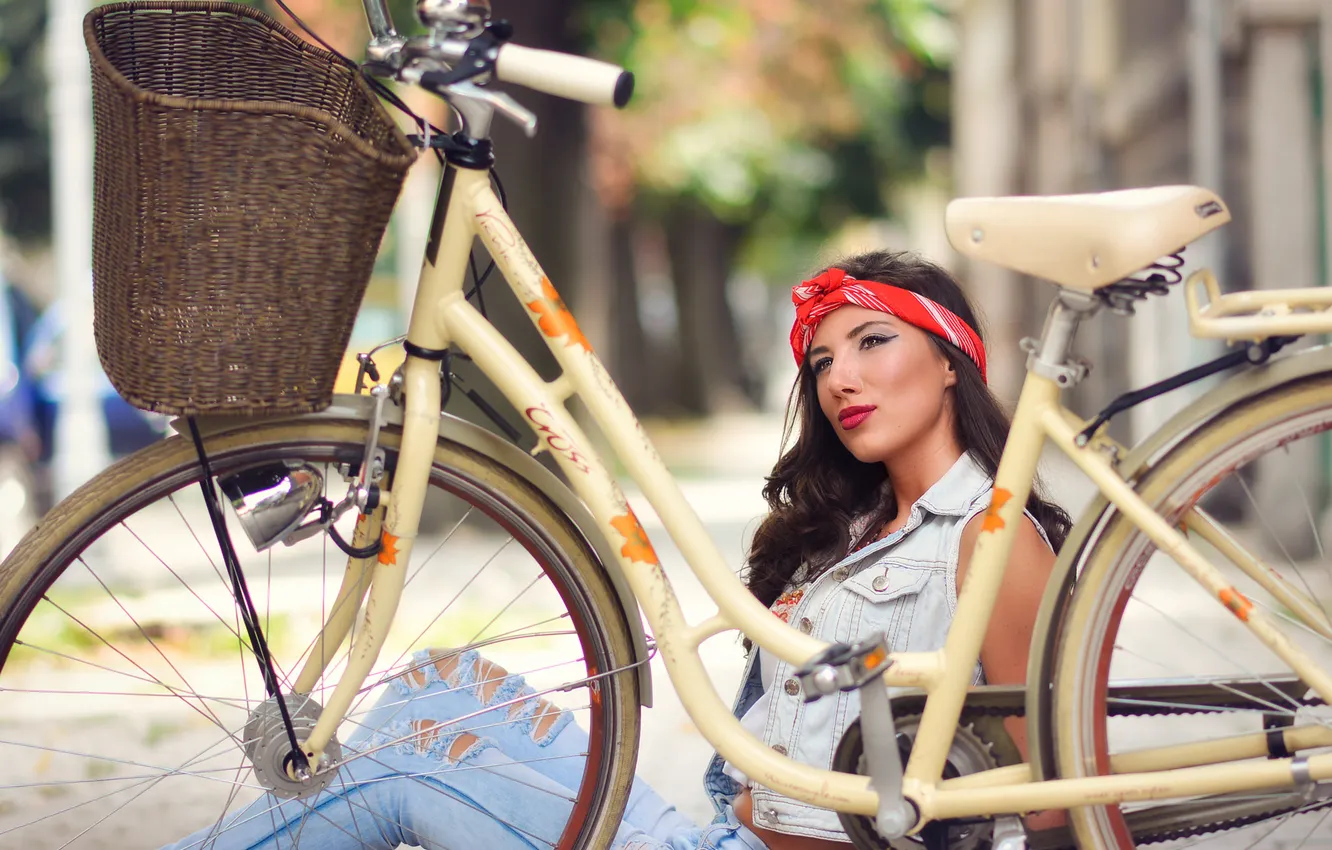 Photo wallpaper girl, bike, street