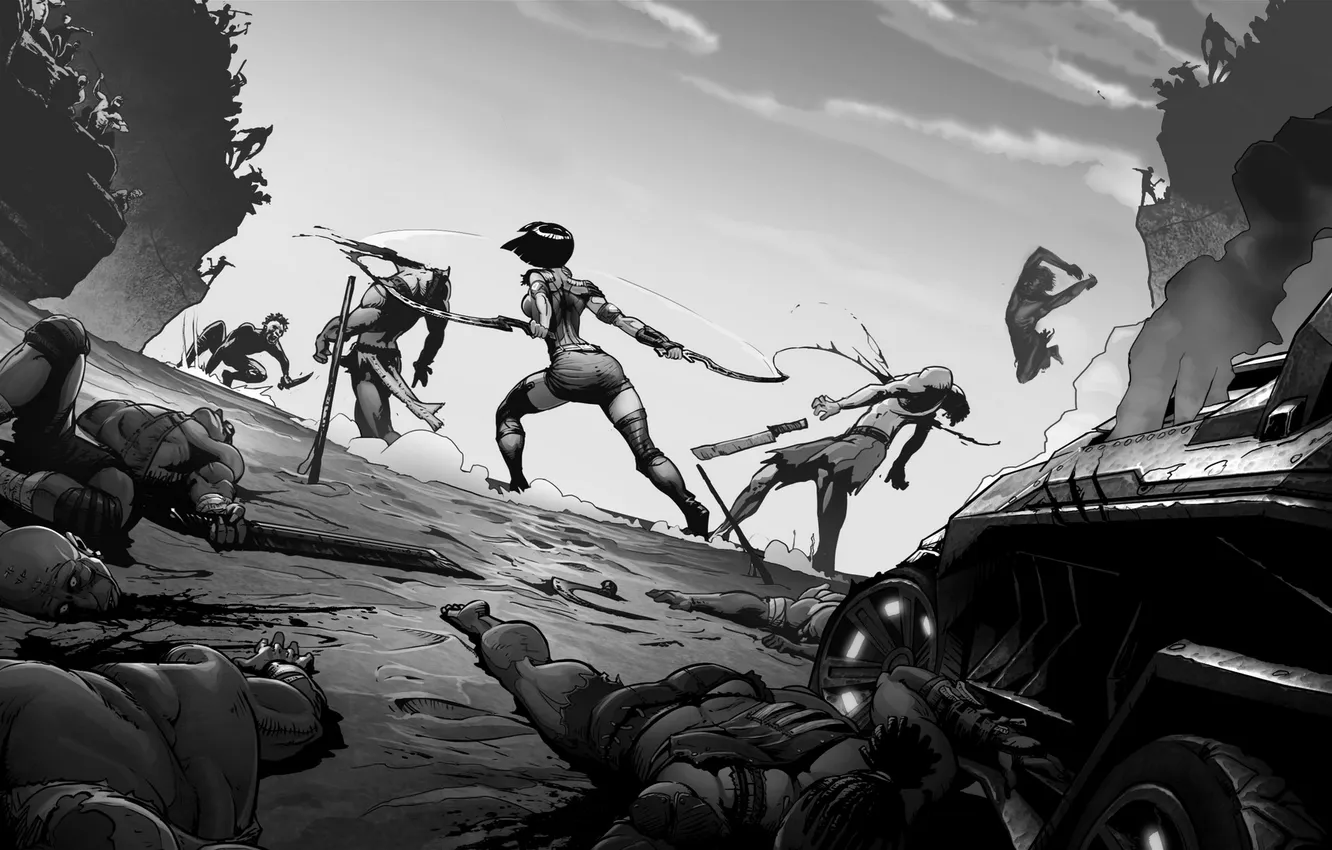 Photo wallpaper girl, body, car, fight, blade, comic