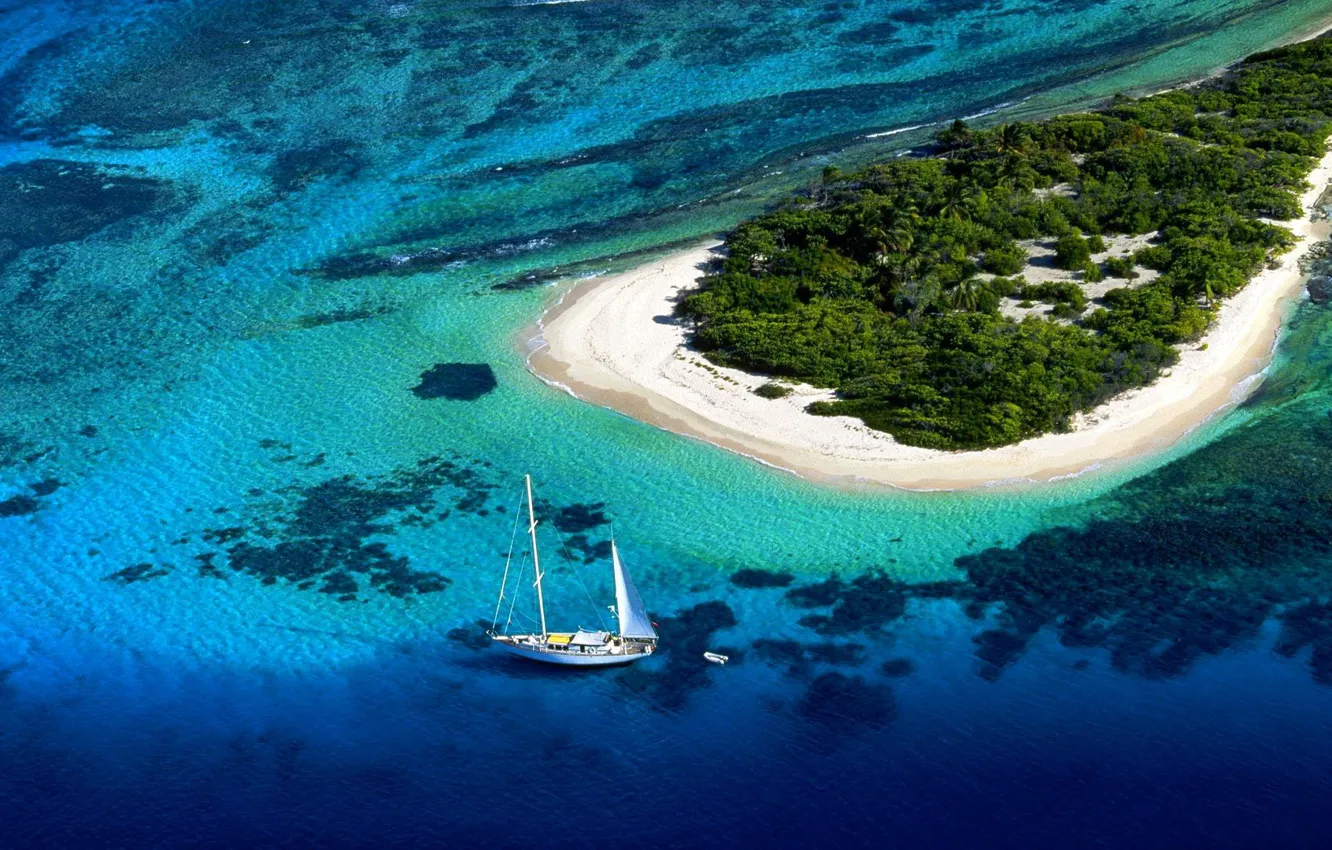 Photo wallpaper the ocean, island, yacht, Laguna, Multipy, Boat sailiing peacefully on Maldiviiian lagoon