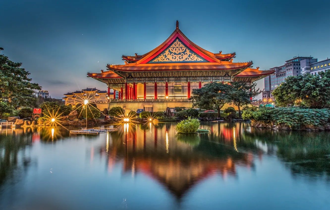 Photo wallpaper pond, reflection, the building, Taiwan, Taipei, Taiwan, Taipei, Memorial hall Chiang Kai-shek