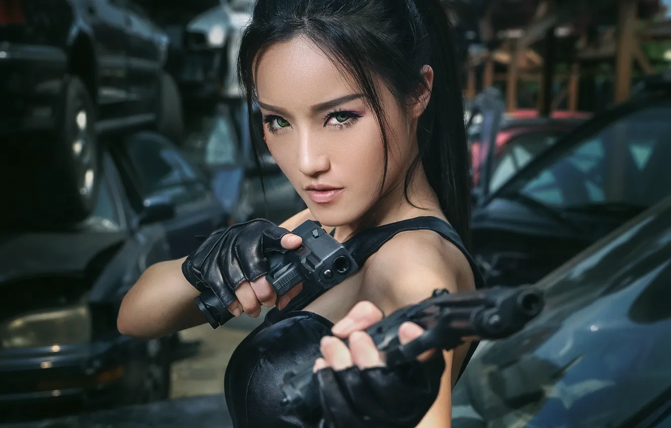 Photo wallpaper look, girl, background, guns, Asian