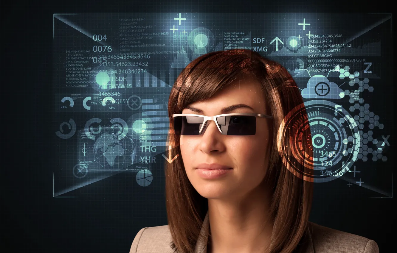 Photo wallpaper girl, background, makeup, glasses, hairstyle, brown hair, jacket, virtuality