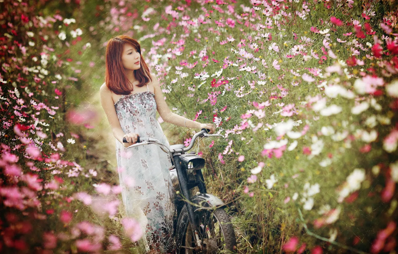 Photo wallpaper girl, flowers, bike