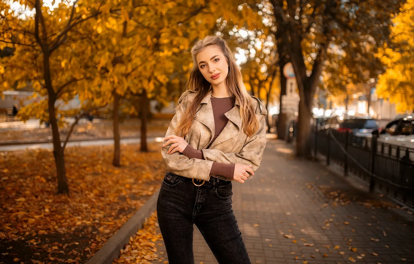Photo wallpaper autumn, look, trees, jeans, hands, jacket, girl. pose, Dmitry Shulgin