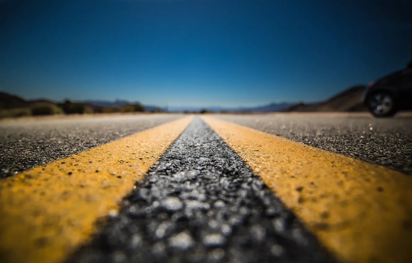 Photo wallpaper road, the sky, asphalt, yellow, strip, focus
