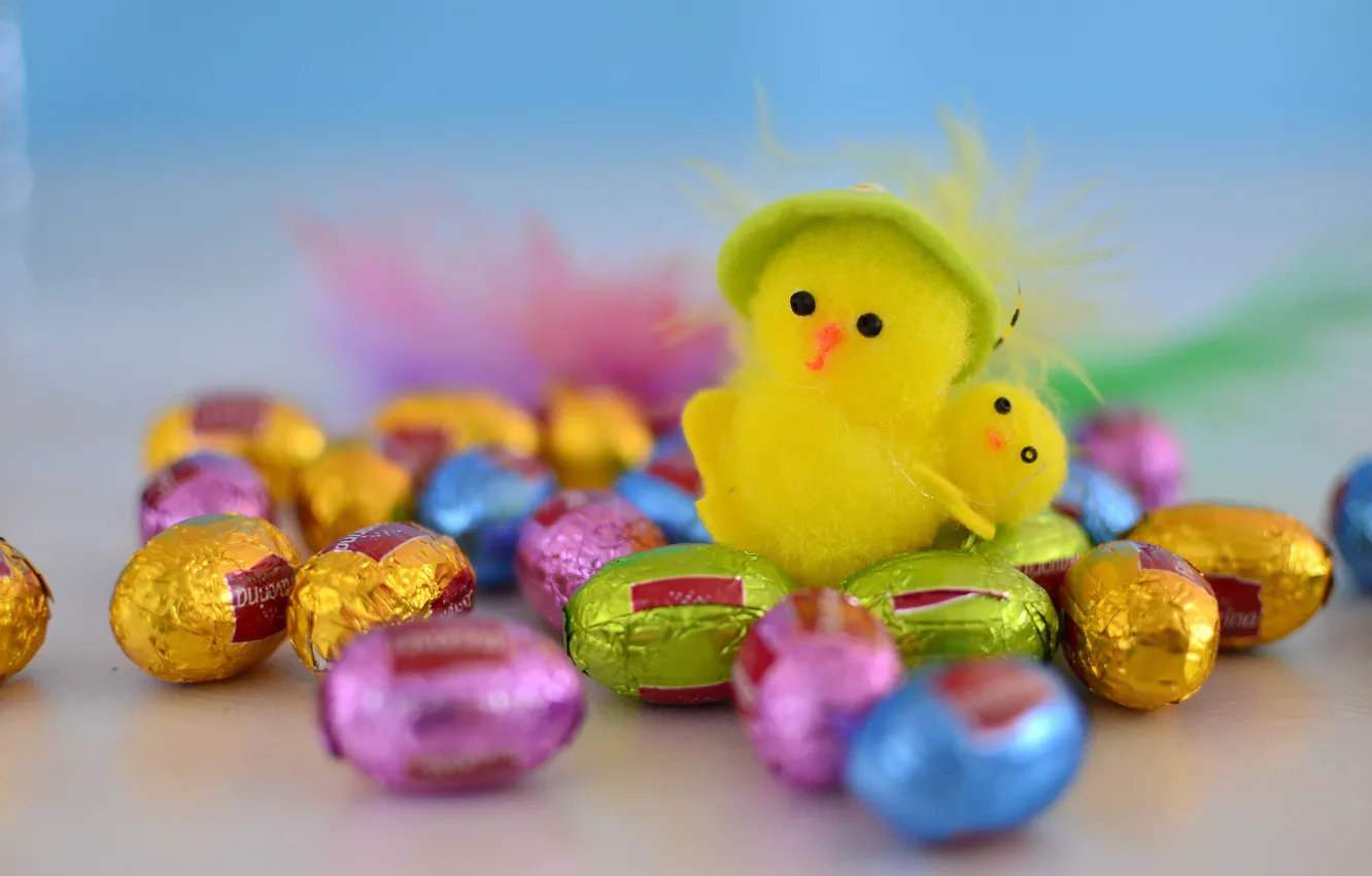 Photo wallpaper colorful, easter, chick, easter chick, chocolate eggs