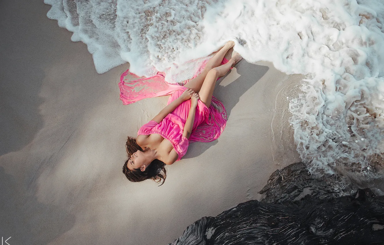 Photo wallpaper beach, foam, water, smile, Girl, dress, lies, Sergey Freyer