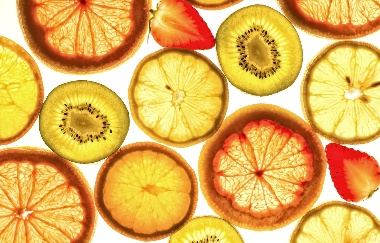 Photo wallpaper macro, lemon, orange, kiwi, strawberry, fruit, slices