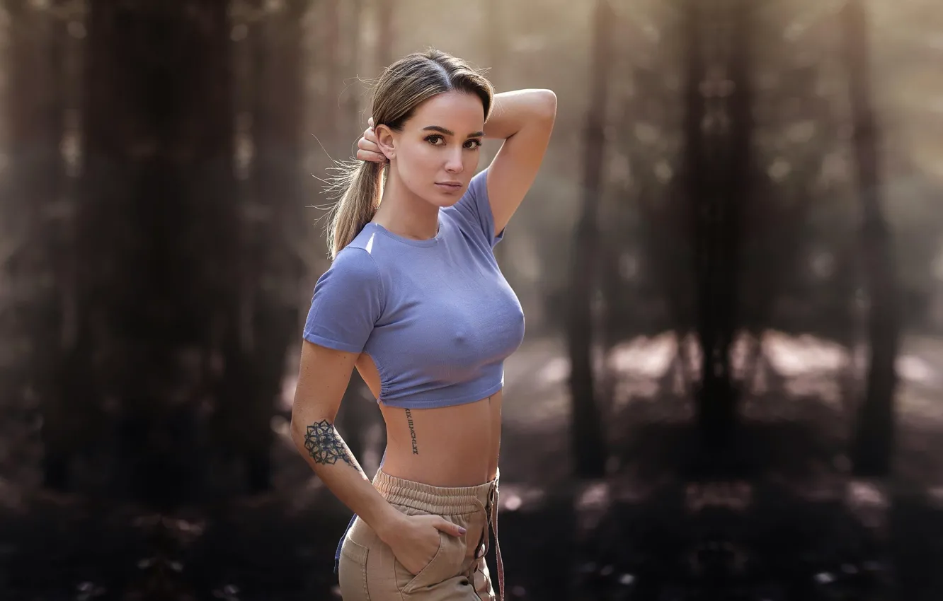 Photo wallpaper girl, field, model, pretty, woods, face, brunette, pose