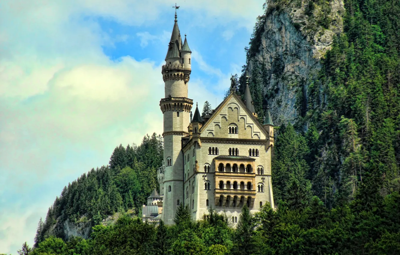 Photo wallpaper FOREST, MOUNTAINS, HOUSE, GREENS, TREES, ROCKS, CASTLE, TOWER