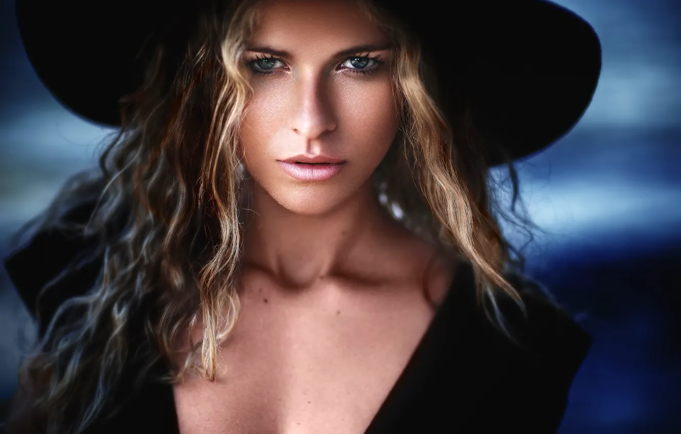 Photo wallpaper look, close-up, model, portrait, hat, makeup, hairstyle, blonde