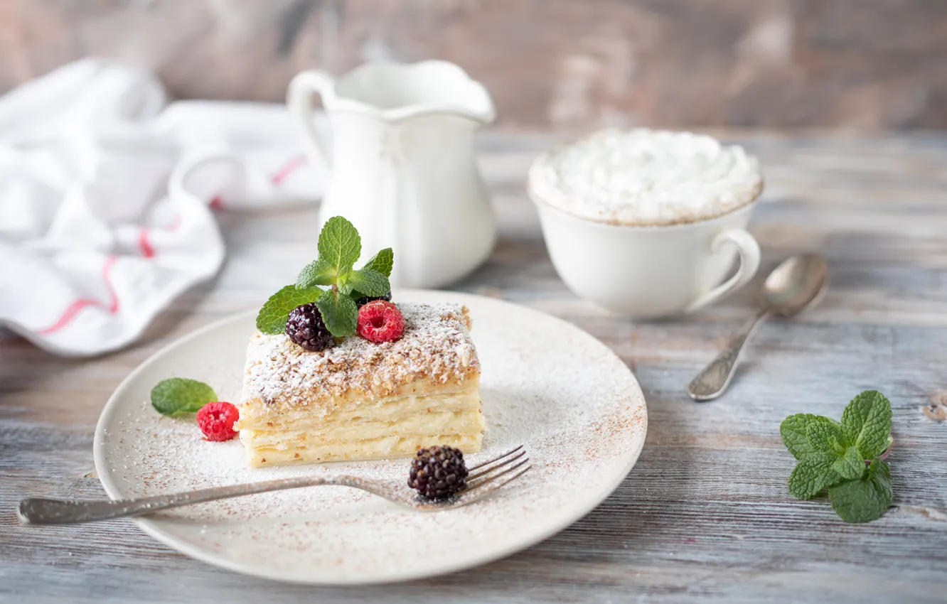Photo wallpaper coffee, cream, Cup, cake, piece, Napoleon, Karina Klachuk