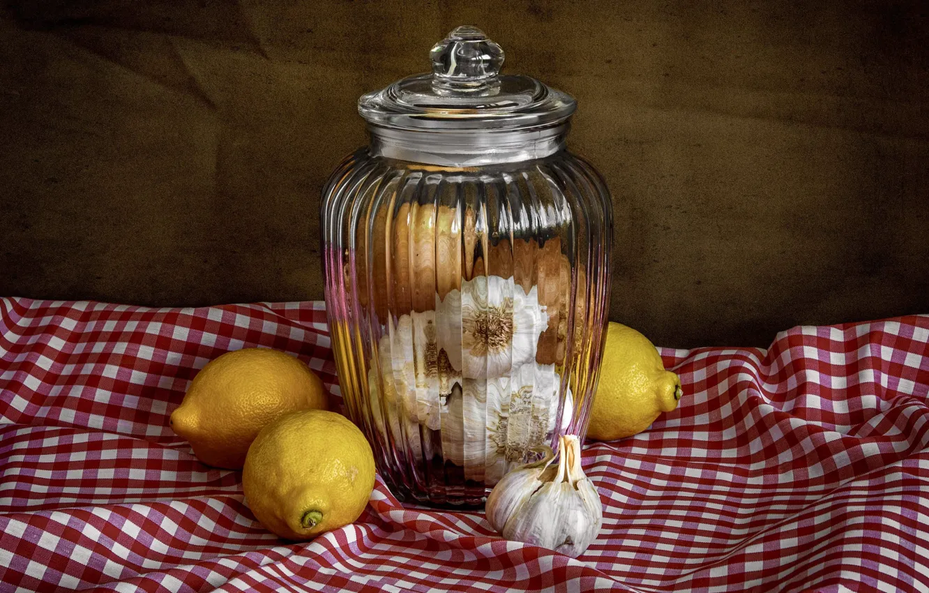 Photo wallpaper glass, background, lemon, towel, Bank, still life, garlic, in the cage