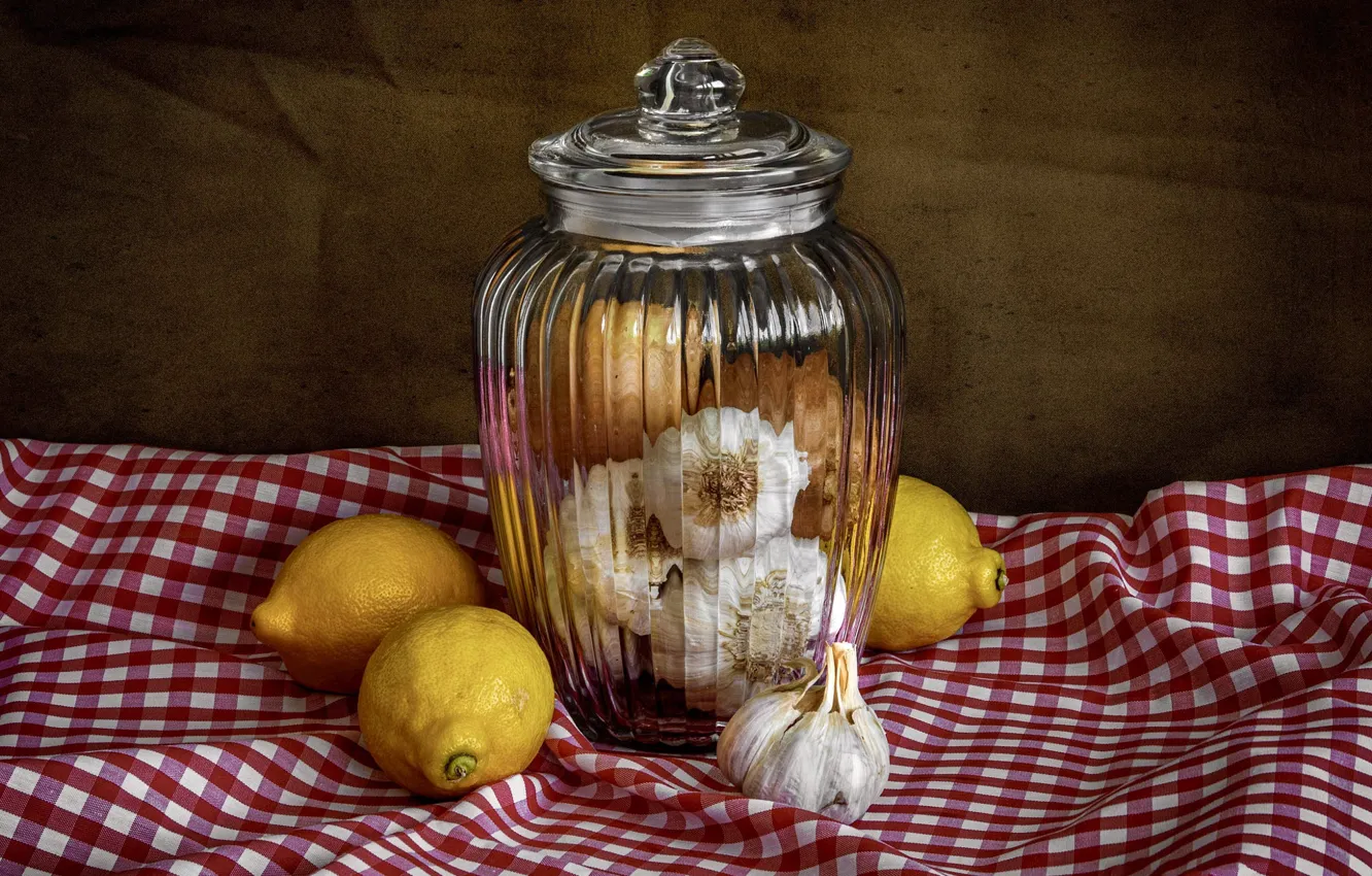 Photo wallpaper glass, background, towel, Bank, still life, lemons, garlic, in the cage