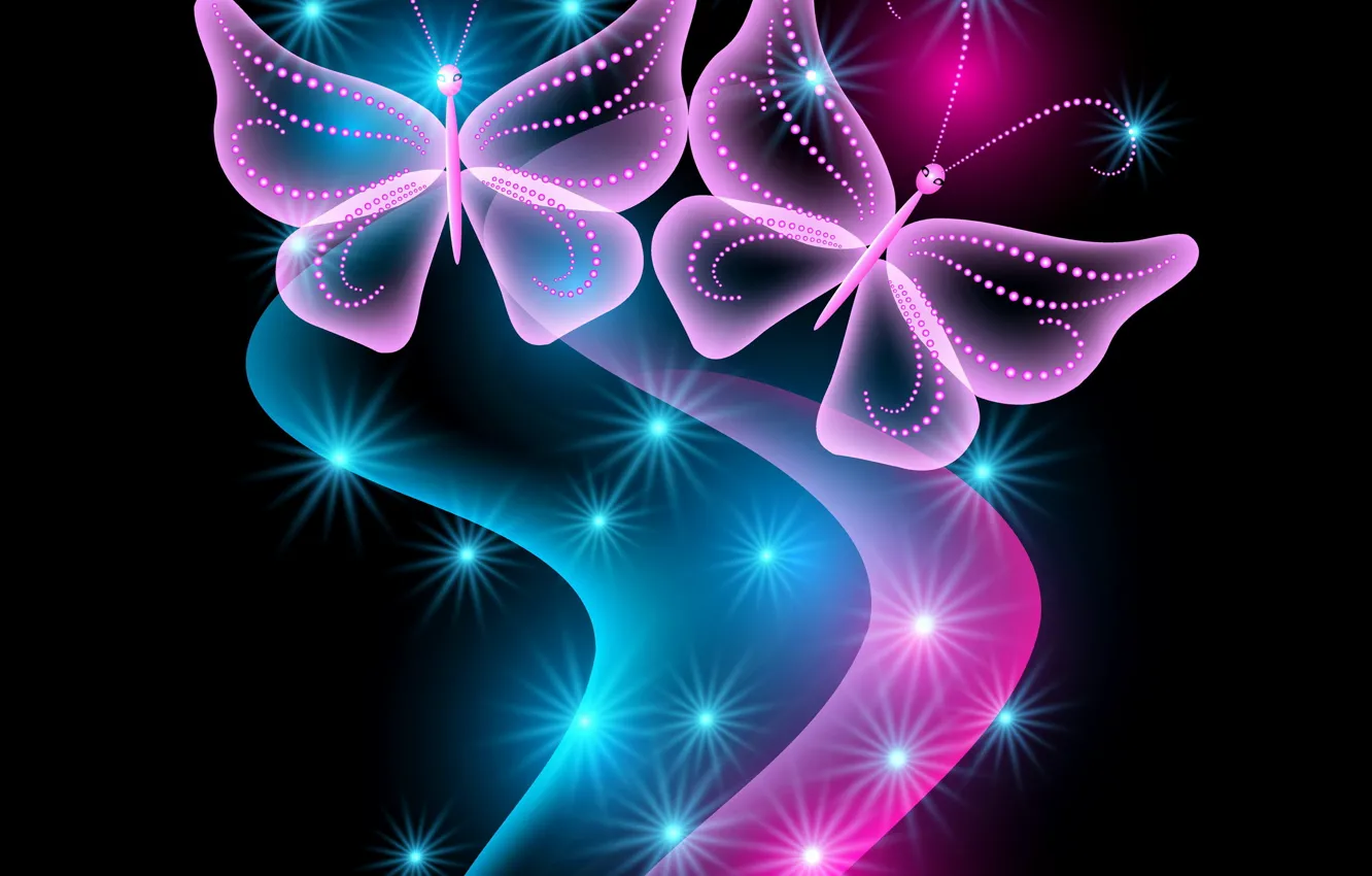 Photo wallpaper butterfly, abstract, blue, pink, glow, neon, sparkle, butterflies
