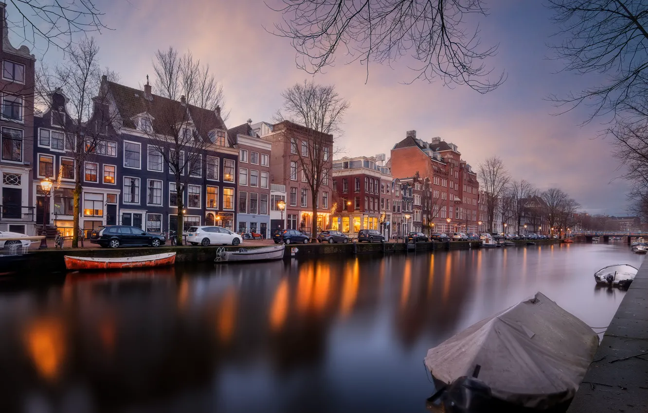 Photo wallpaper the city, building, home, boats, the evening, Amsterdam, channel, Netherlands