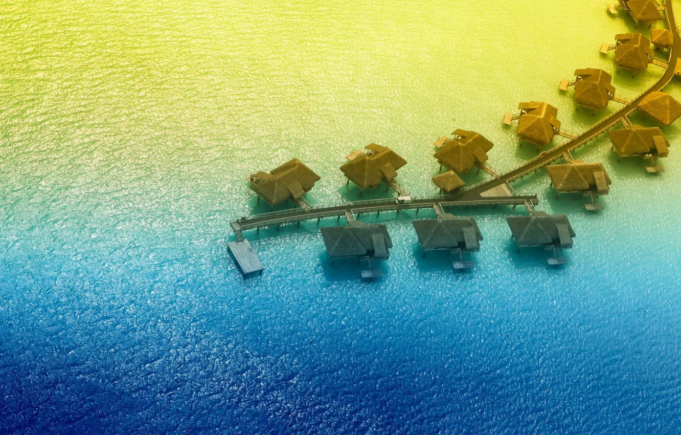 Photo wallpaper tropics, the ocean, resort, exotic, Bungalow, sunset, Bora-Bora, Lagoon