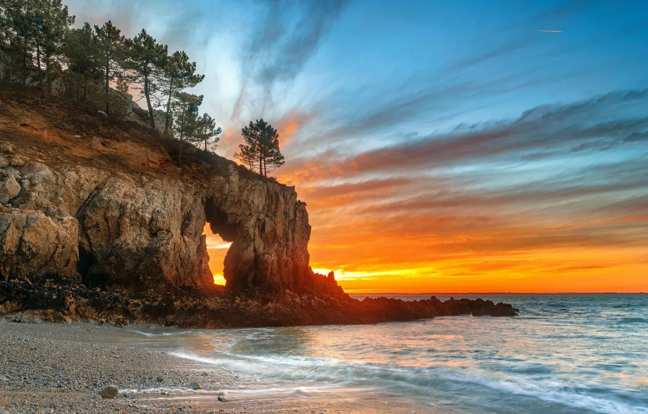 Photo wallpaper sea, sunset, rocks, shore, coast