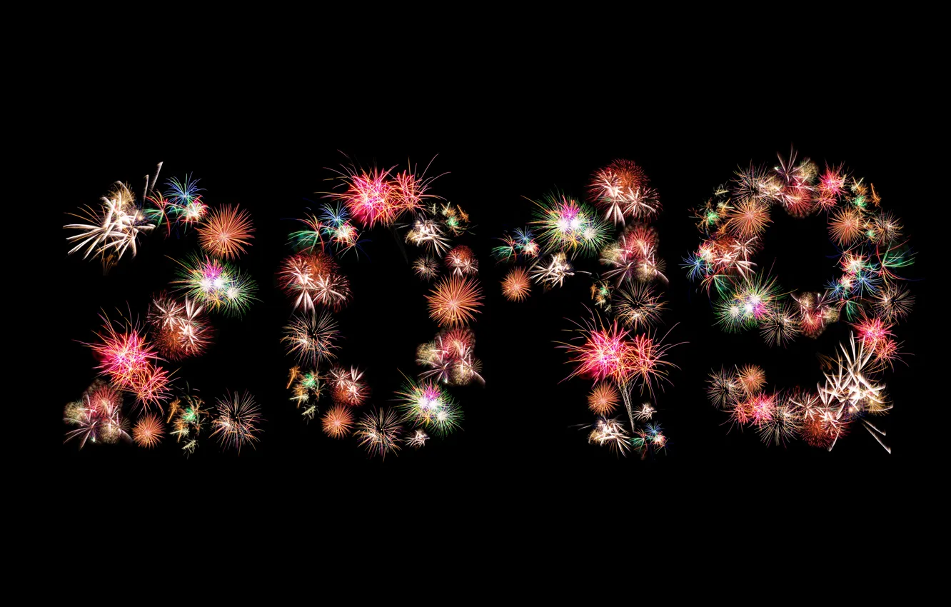 Photo wallpaper salute, colorful, New Year, figures, black background, background, New Year, fireworks