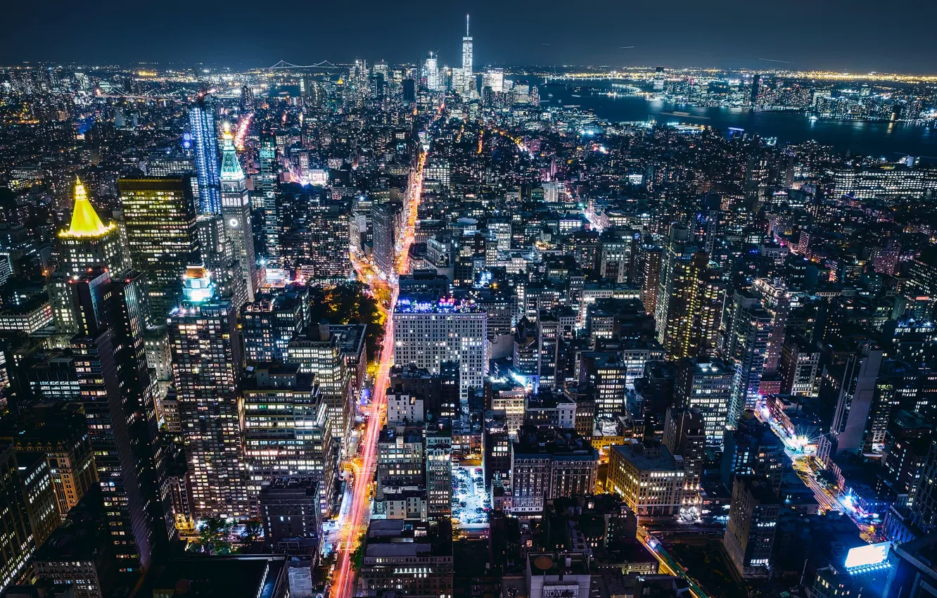 Photo wallpaper night, the city, USA, New York, lights, New York, million