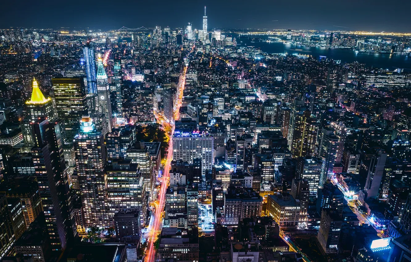 Photo wallpaper night, the city, lights, USA, New York, New York, million