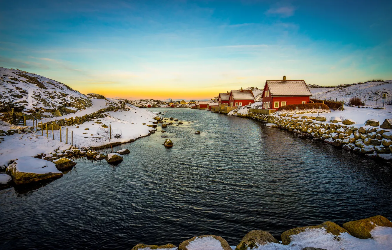 Photo wallpaper house, sunset, village, pond