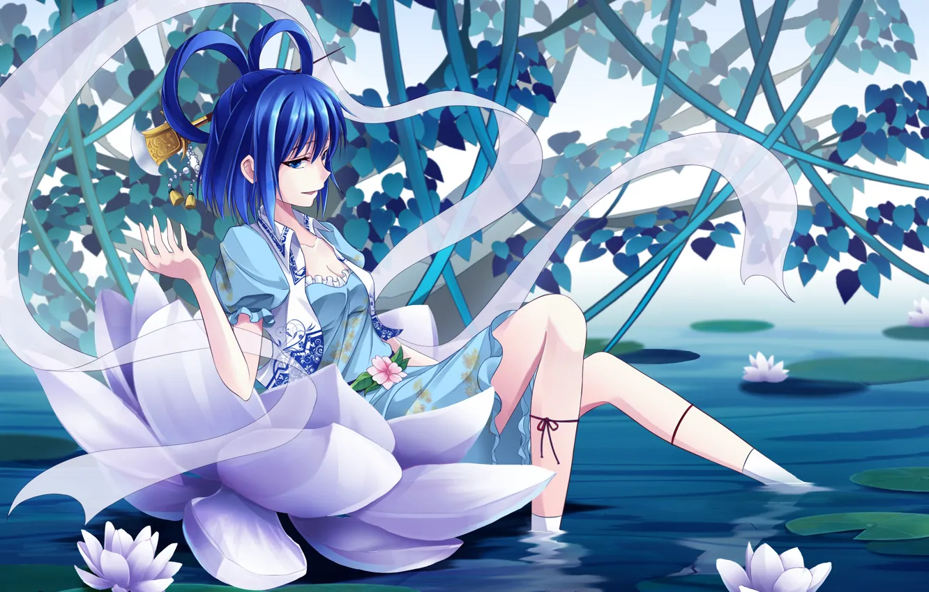 Photo wallpaper water, girl, anime, art, Lotus, art, touhou kaku, Shine bell