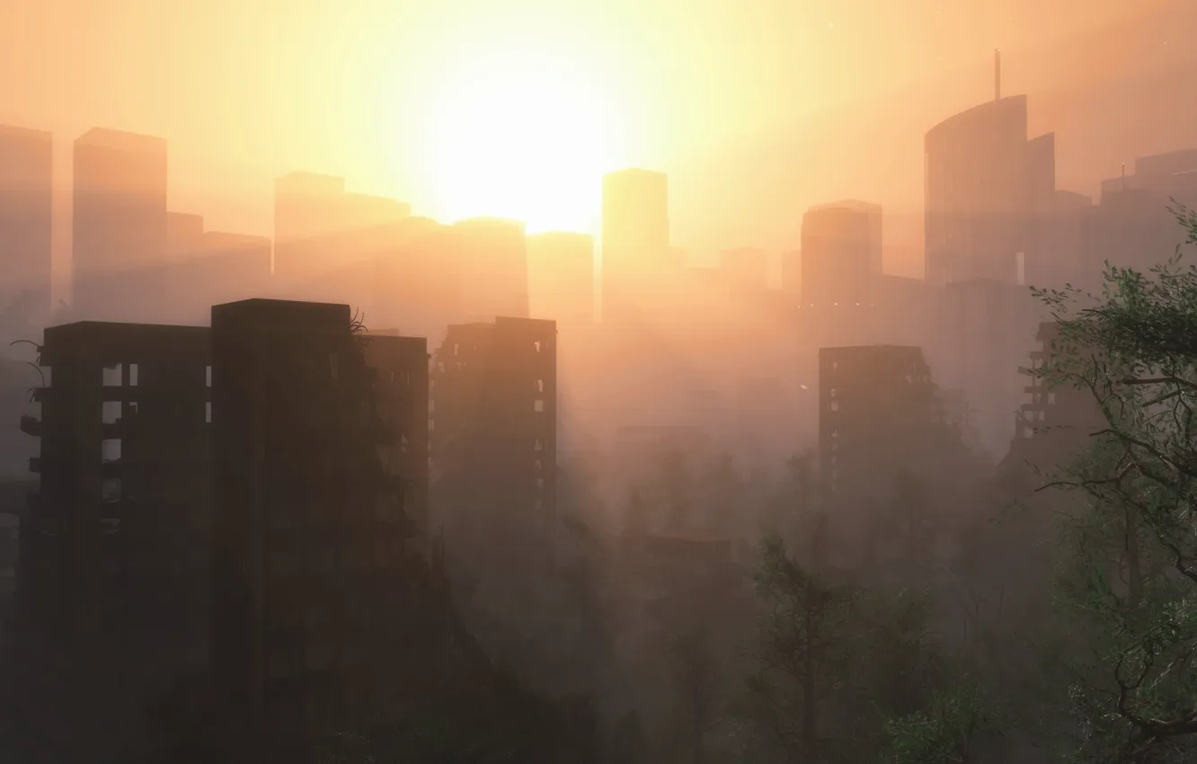 Photo wallpaper sunset, the city, building, art, ruins, postapokalipsis