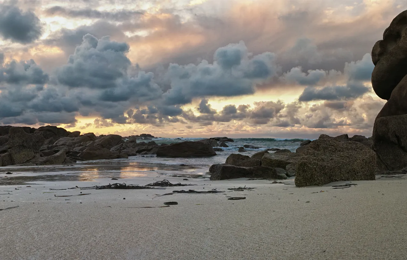 Photo wallpaper sea, clouds, stones, shore, the evening