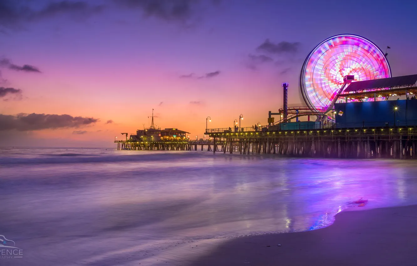 Photo wallpaper beach, sunset, lights, the ocean, pierce, amusement