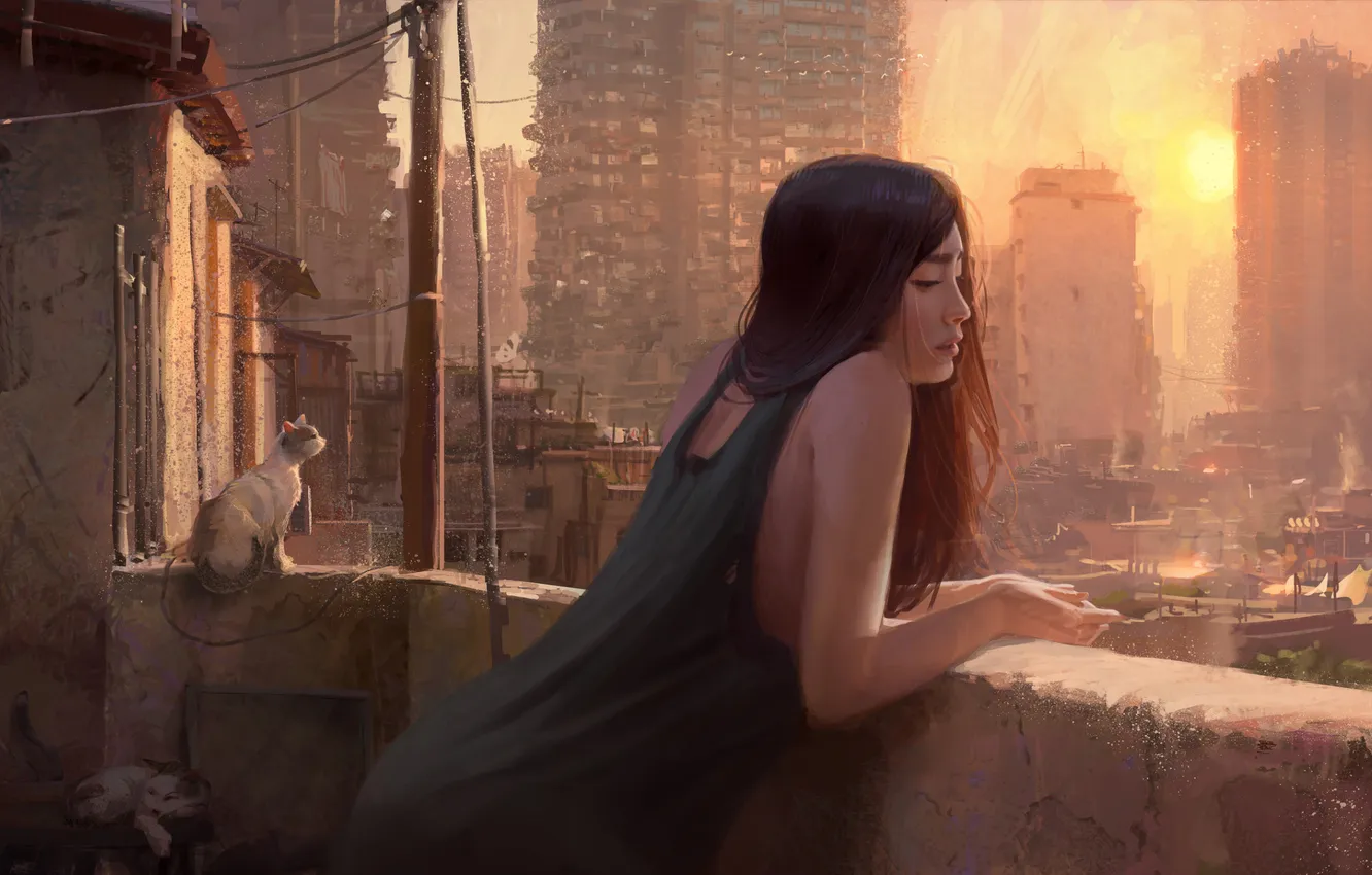 Photo wallpaper city, woman, balcony