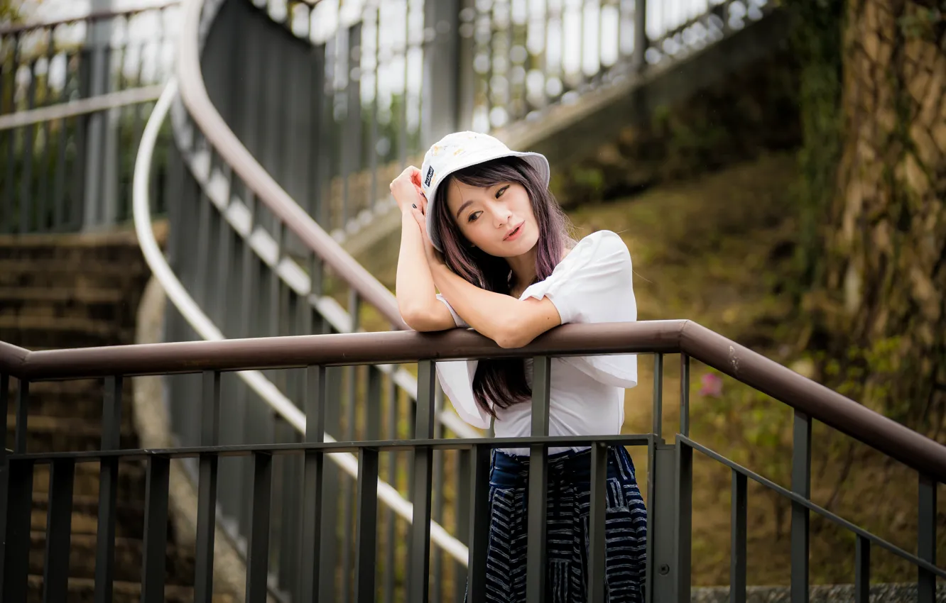 Photo wallpaper girl, sweetheart, hat, ladder, Asian