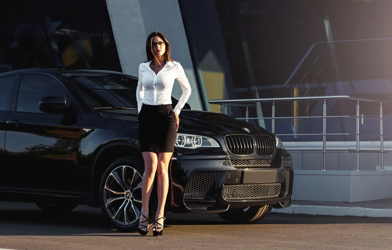 Photo wallpaper look, Girls, BMW, beautiful girl, Natalia, black car, posing on the car