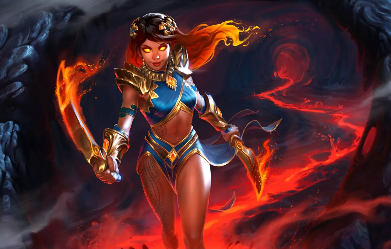 Photo wallpaper look, girl, weapons, fire, fantasy, art, lava, offensive