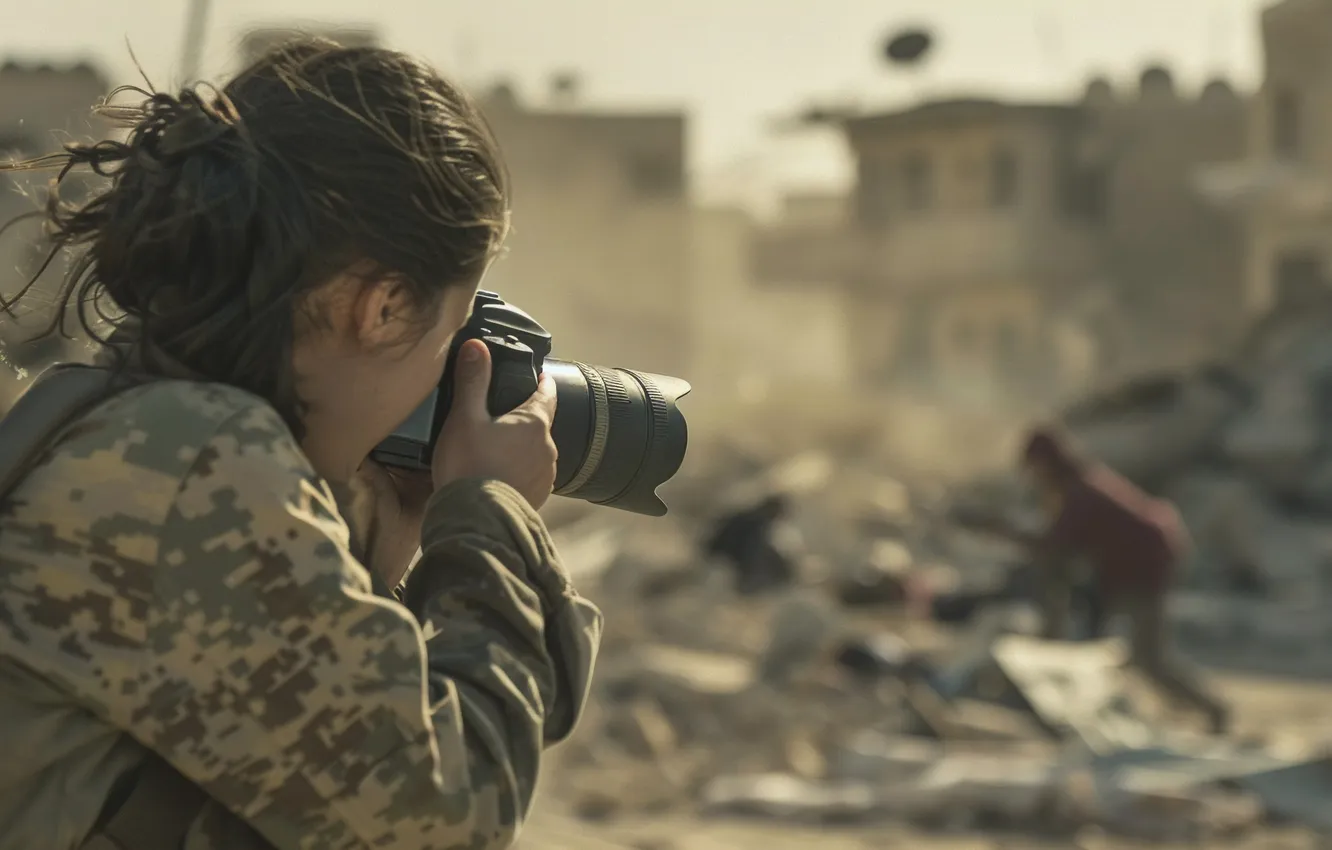 Photo wallpaper girl, people, home, the camera, devastation, digital art, AI art, The Art of Artificial Intelligence