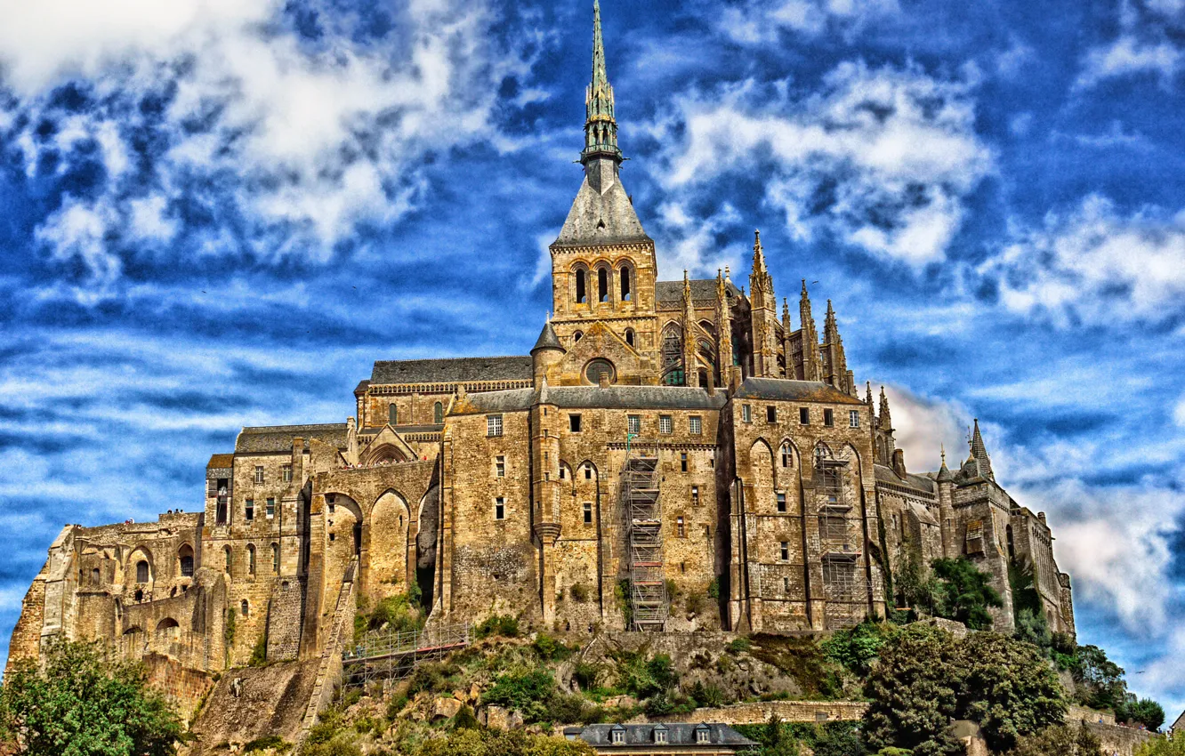 Photo wallpaper the sky, clouds, trees, castle, France, tower, Normandy, Mont-Saint-Michel