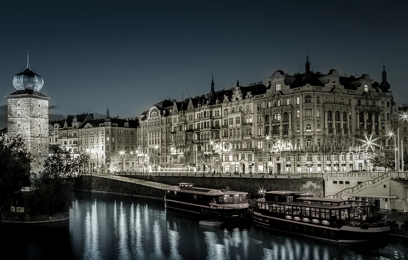 Photo wallpaper light, night, the city, lights, reflection, shore, building, tower