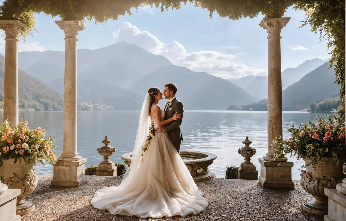 Photo wallpaper girl, clouds, love, flowers, mountains, pose, fog, holiday