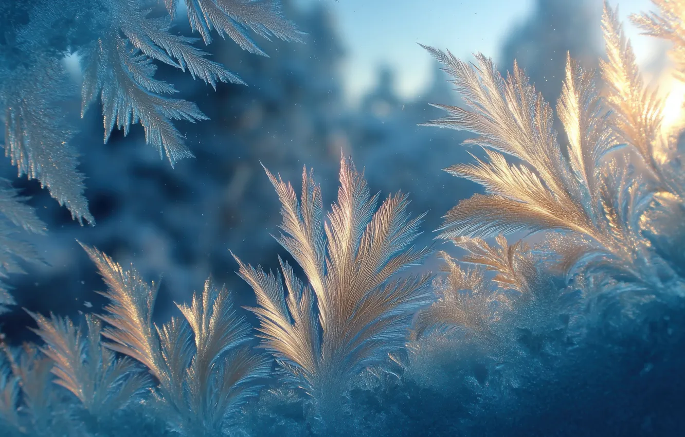 Photo wallpaper ice, winter, frost, glass, light, snow, sprig, window
