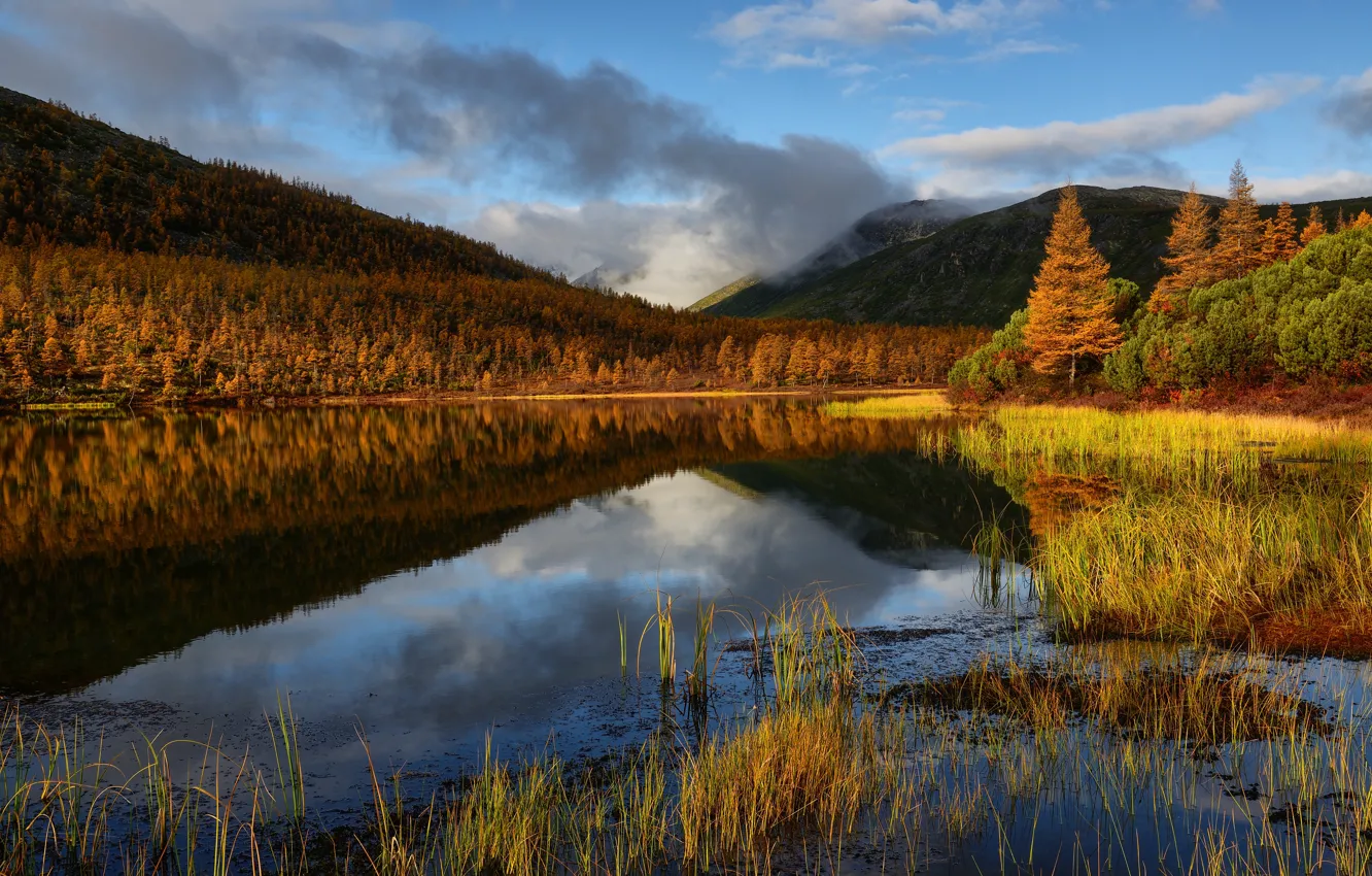 Photo wallpaper autumn, grass, clouds, landscape, mountains, nature, lake, reflection