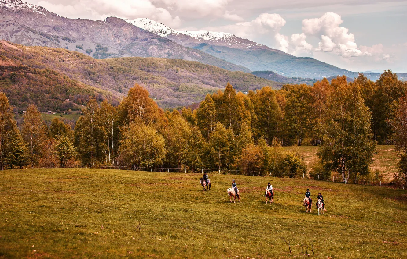 Photo wallpaper rider, horse, mountains, autumn, forest, horse