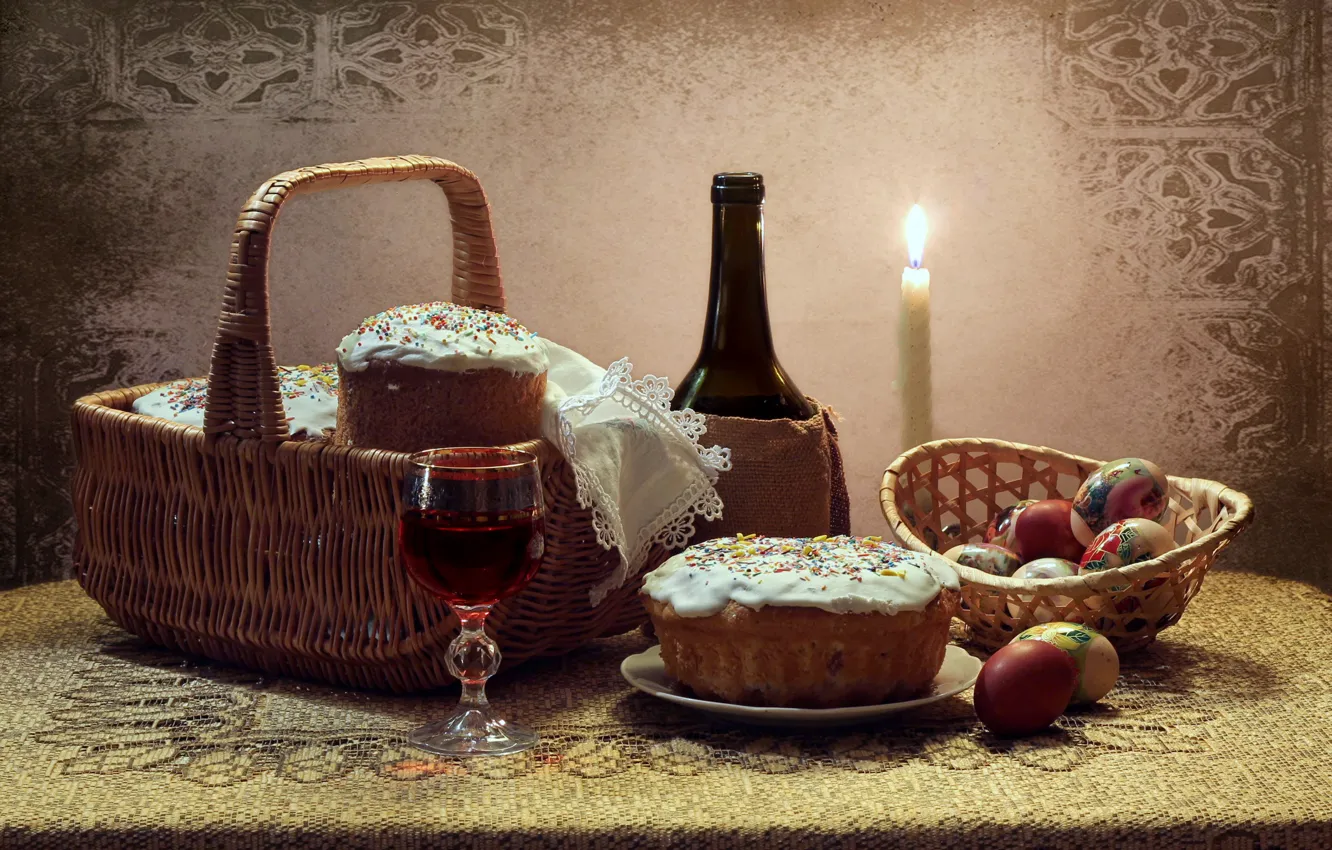 Photo wallpaper lights, table, holiday, wine, basket, glass, bottle, eggs