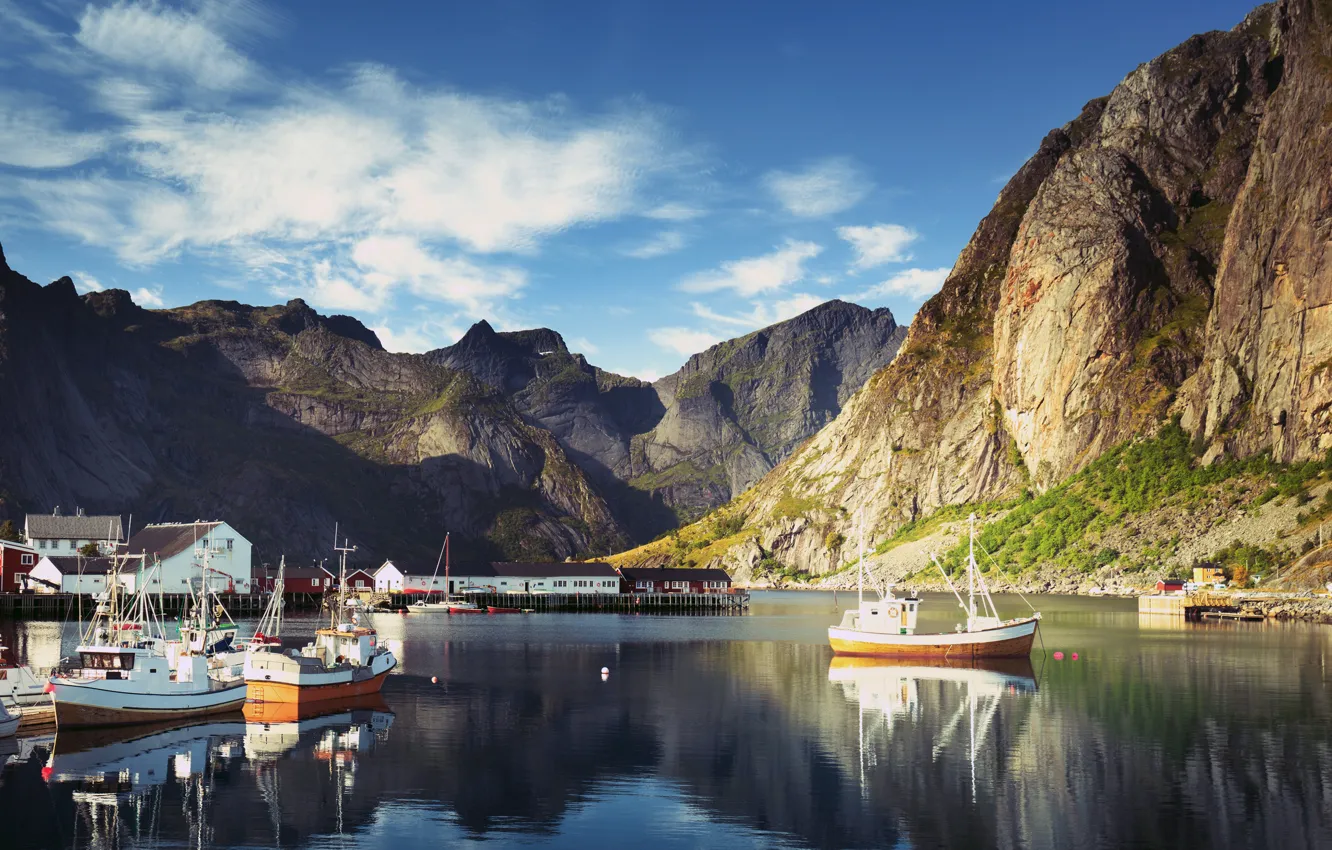 Photo wallpaper the sky, clouds, mountains, rocks, home, Bay, boats, Norway