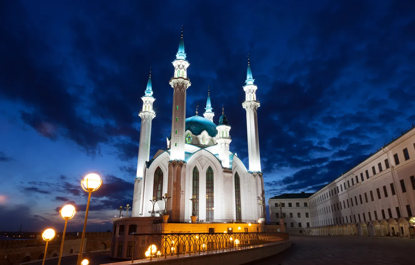 Photo wallpaper night, lights, lights, tower, temple, Russia, Kazan, Tatarstan