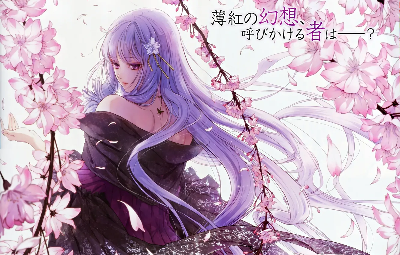 Photo wallpaper girl, petals, characters, shoulders, visual novel, from the back, lilac hair, Queen of the Flowers