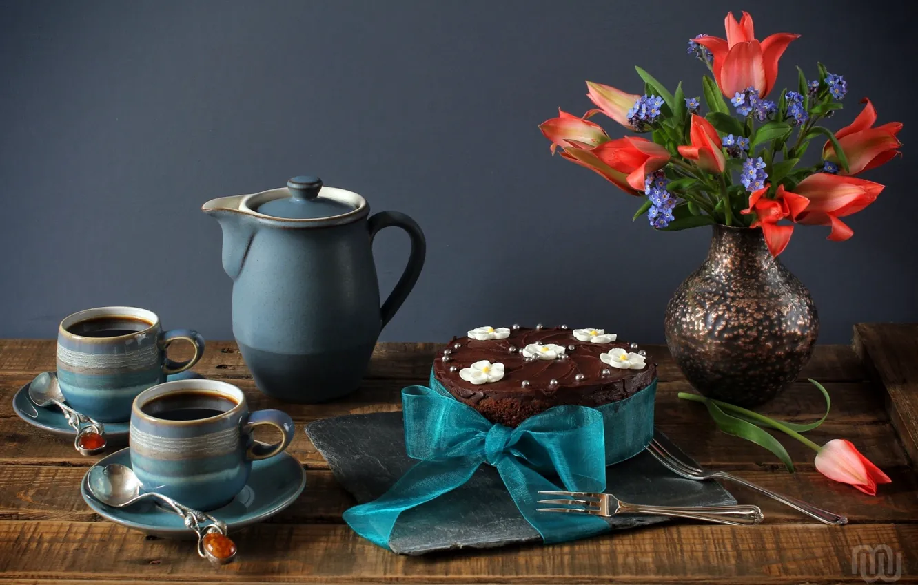 Photo wallpaper tea, bouquet, Cup, tulips, cake, still life, bow, forget-me-nots