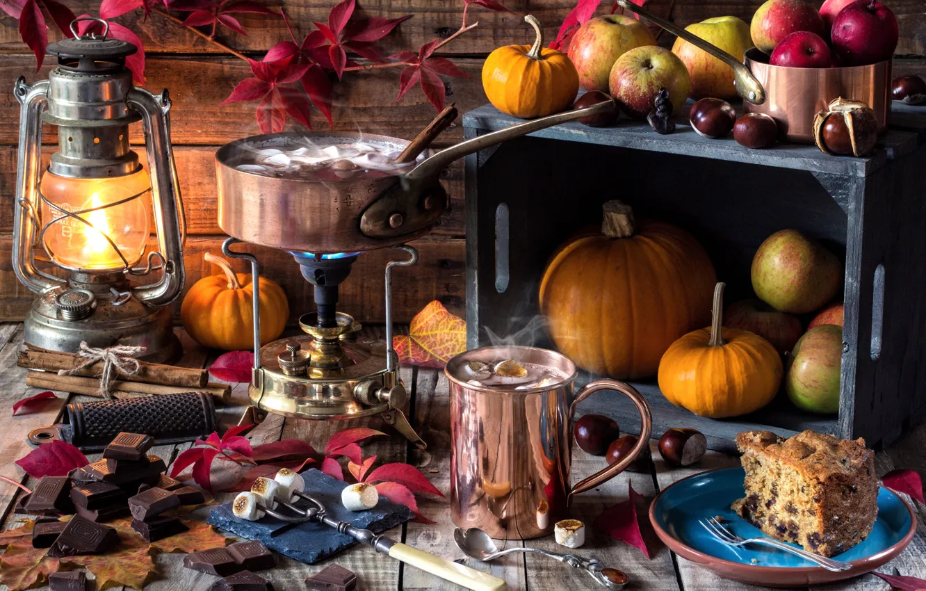 Photo wallpaper apples, lamp, hot, chocolate, pie, pumpkin, chestnuts, fondue